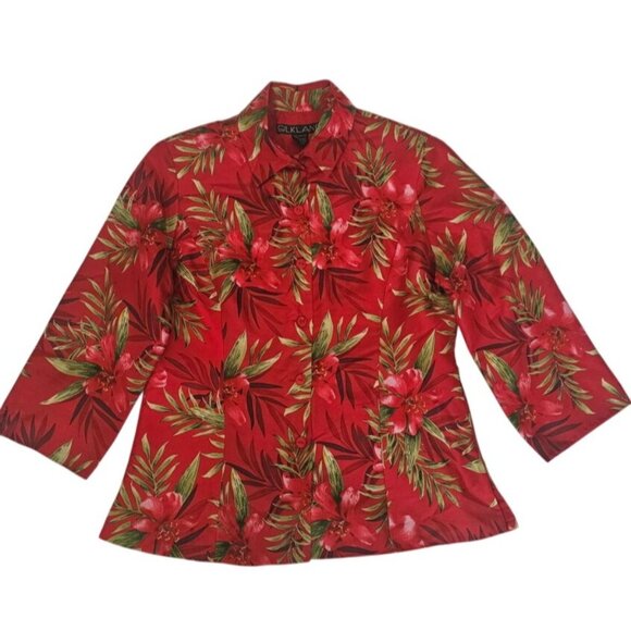 Silkland 100% Pure Silk Red Floral Print Button Front 3/4 Sleeve Blouse Size 10 - Picture 2 of 12